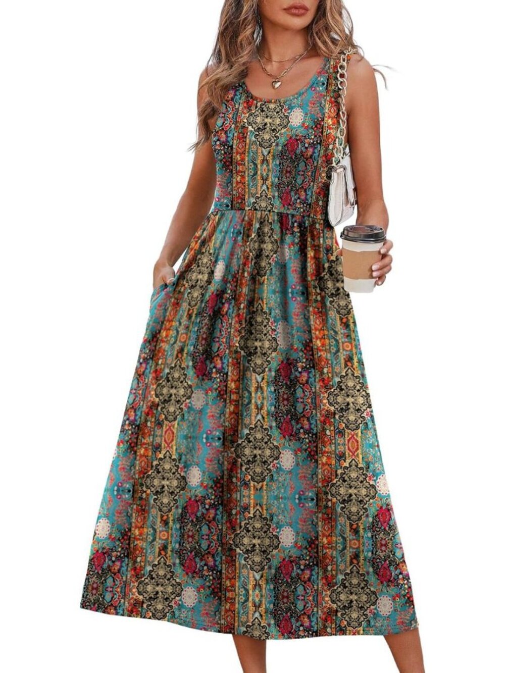Flowy Casual Midi Dress for Women - Summer Beach Vacation Sundress with Pockets